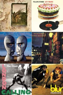 Algumas capas que vão virar selo: Led Zeppelin, Rolling Stones, Pink Floyd, David Bowie, The Clash e Blur
