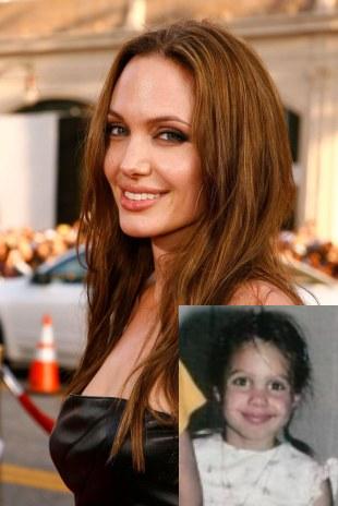 Angelina Jolie atualmente e também quando era criança. A boca da atriz é a mesma, mas o nariz...   
