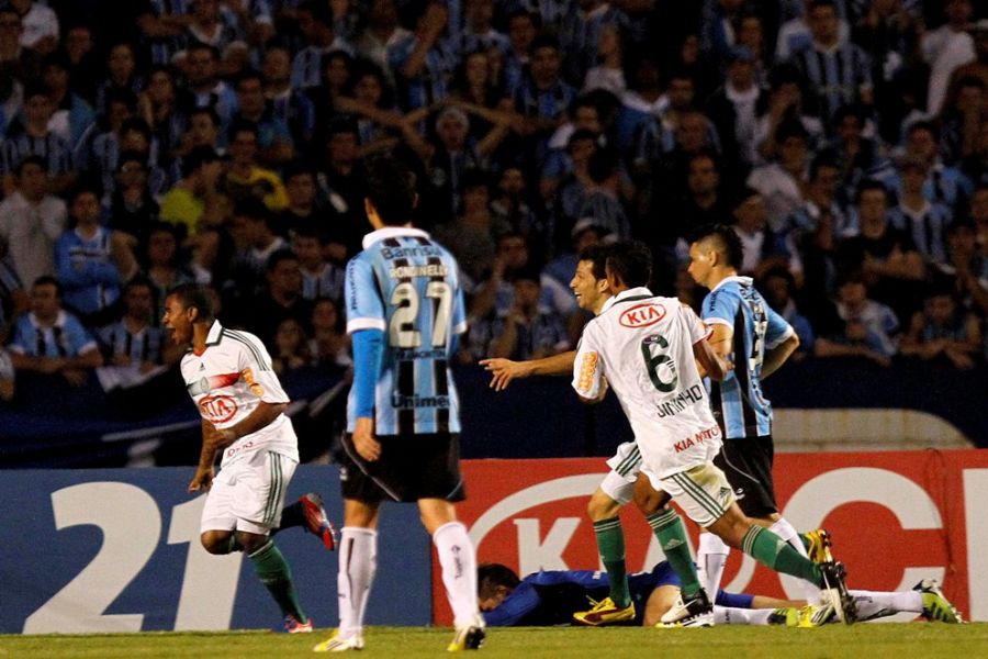 Jogadores do Palmeiras comemoram gol de Mazinho, para desespero de gremistas / Roberto Vinícius/Futura Press