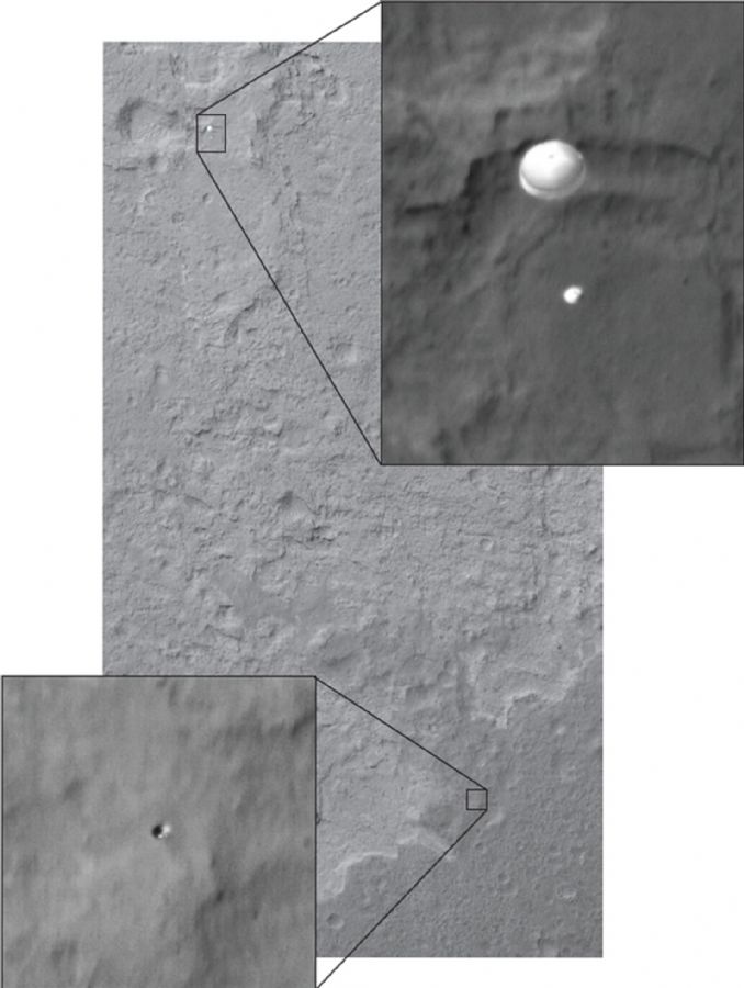 A sonda capturou a imagem do curiosity (em cima) e de outro objeto, provavelmente um escudo térmico (abaixo)( / HO / NASA/JPL-CALTECH/MALIN SSI / AFP