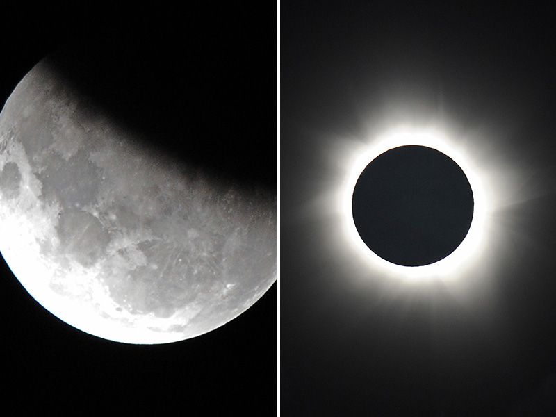 Eclipse lunar parcial (esquerda) e eclipse solar anular, ocorridos no ano passado / AFP