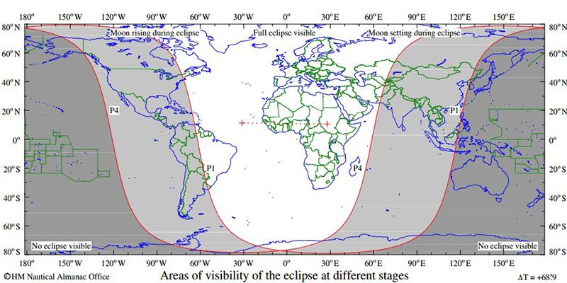 Mapa mostra áreas onde o eclipse penumbral da lua poderá ser observado nesta sexta / Reprodução/The Astronomical Almanac/U.S. Naval Observatory