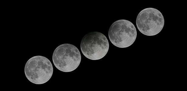 Imagem mostra a sequência de um eclipse penumbral da lua. Foto: Reprodução/Observatório de Hong Kong