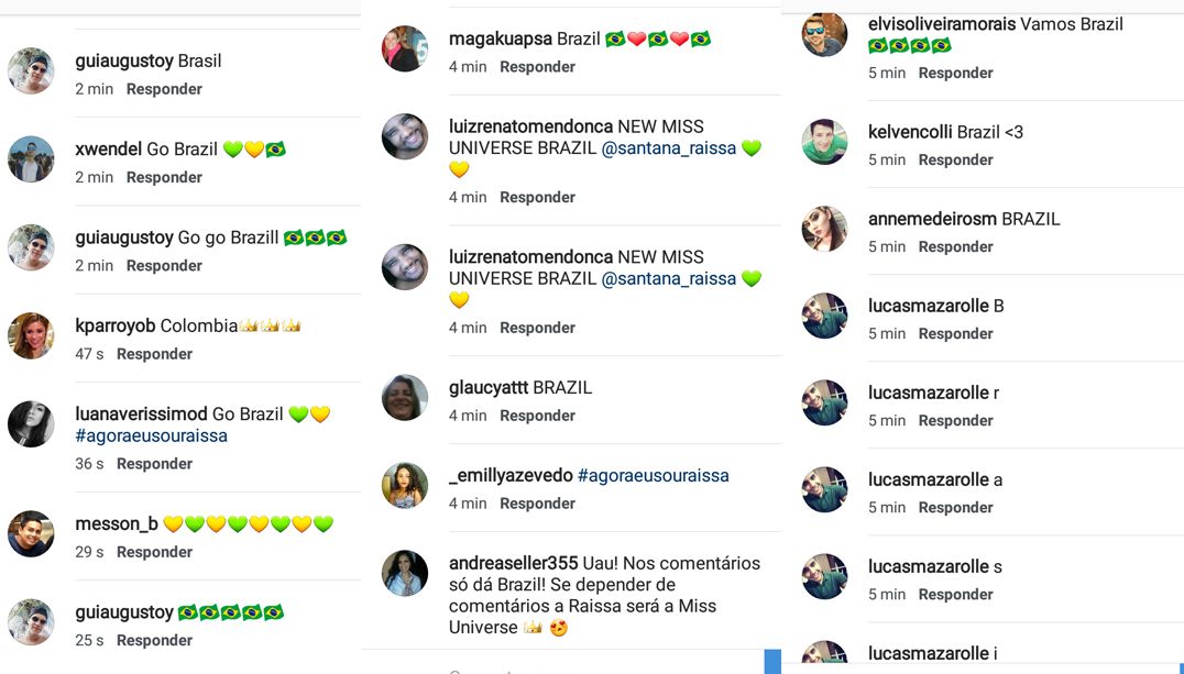 Mais de 3 mil comentários de apoio para a candidata brasileira nas redes sociais do Miss Universo