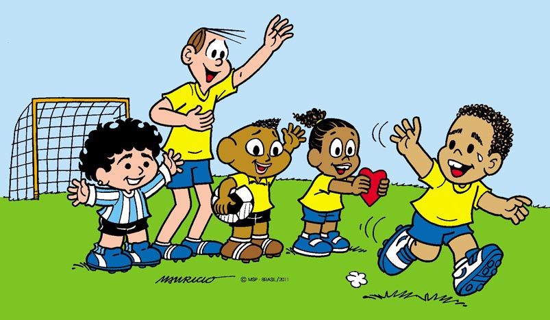 Ronaldo se despede dos personagens futebolísticos de Maurício de Souza: (a partir da esq.): Dieguito, Boa Bola, Pelezinho e Ronaldinho Gaúcho