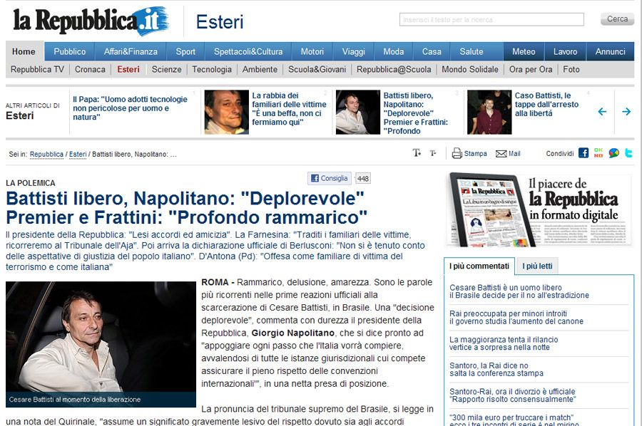 Principais jornais italianos deram destaque à libertação do ex-ativista