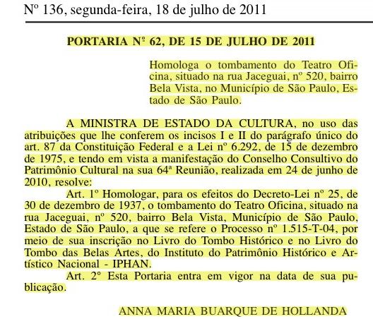 Tombamento do Teatro Oficina é homologado / Reprodução/Diário Oficial da União