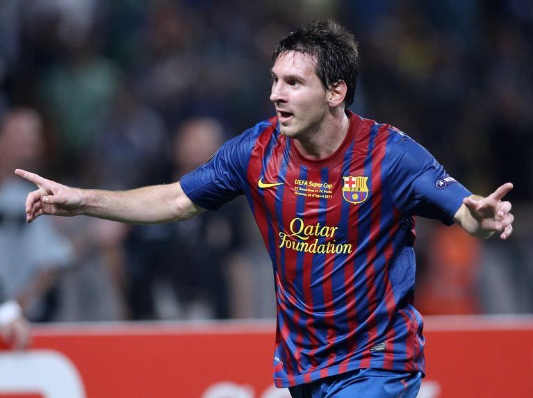 Messi comemora o primeiro gol do Barça / Valery Hache/AFP