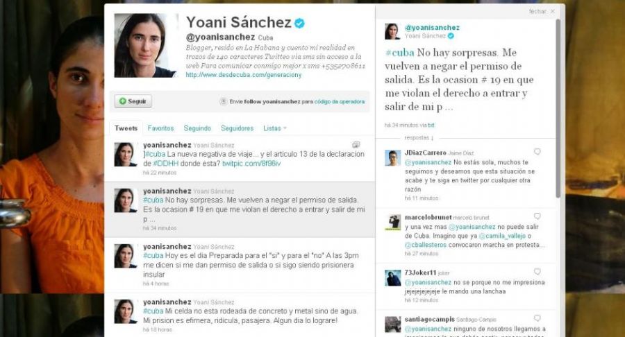 Blogueira divulgou no Twitter a negativa do governo cubano / Reprodução/Twitter