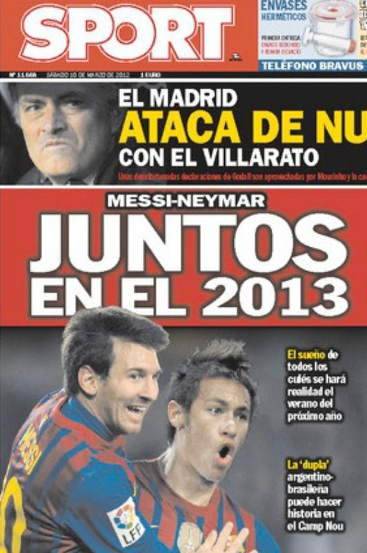 Capa do jornal Sport deste sábado coloca Neymar e Messi no Barcelona no ano que vem / Reprodução/Sport