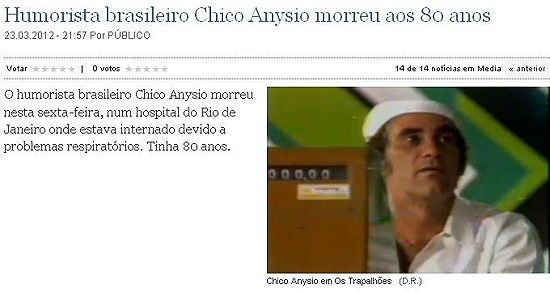 Jornal coloca a foto de Renato Aragão como sendo Chico Anysio / Reprodução/Jornal Público