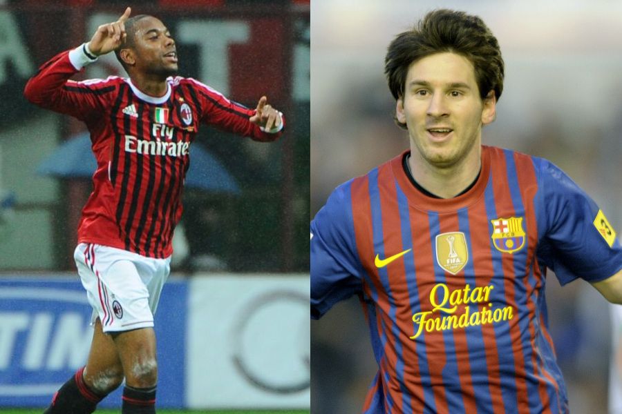 Robinho e Messi duelam nesta quarta-feira pelo primeiro jogo das quartas de final da Liga dos Campeões / Oliver Morin/AFP e Miguel Riopa/AFP