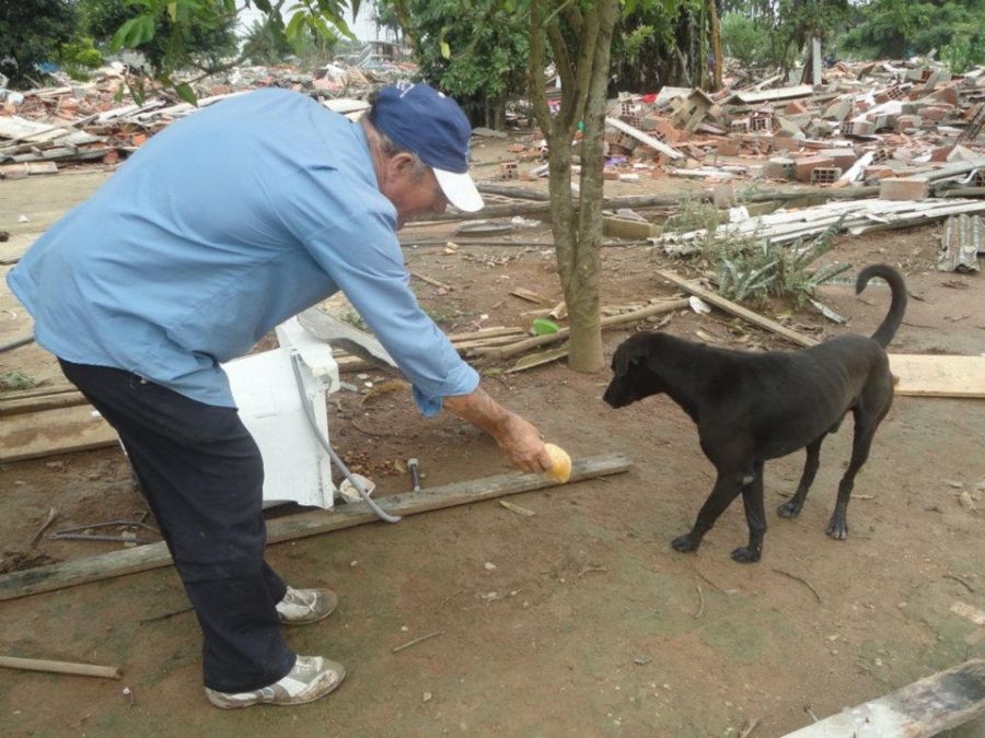 Imagem mostra um ex-morador alimentando um cachorro desnutrido / Reprodução/ Facebook
