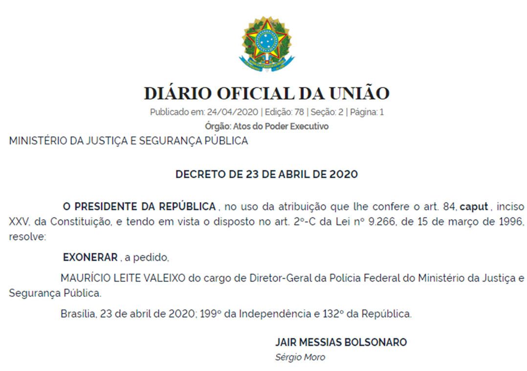 Diário Oficial da União com a exoneração do delegado-geral da PF, Mauricio Valeixo