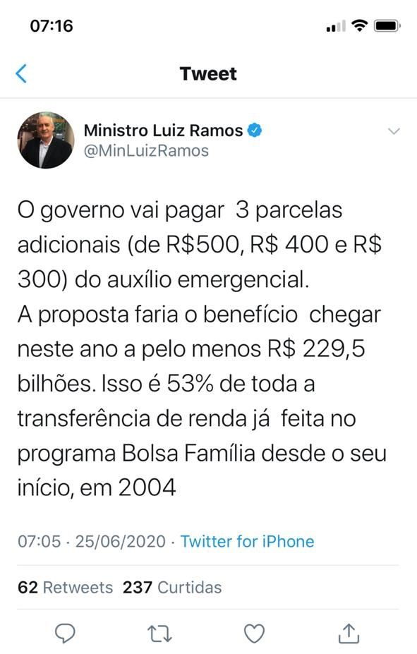 Ministro Ramos publica e apaga postagem que revelava novos valores do auxílio emergencial